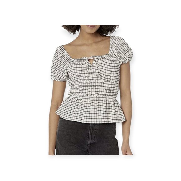 Madewell Gingham Tiered Keyhole Puff-Sleeve Black/White blouse size M NWT - Picture 11 of 11